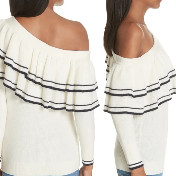 Nwt Frame Denim Ruffle One Shoulder Wool Blend Asymmetrical Sweater - Picture 2 of 16